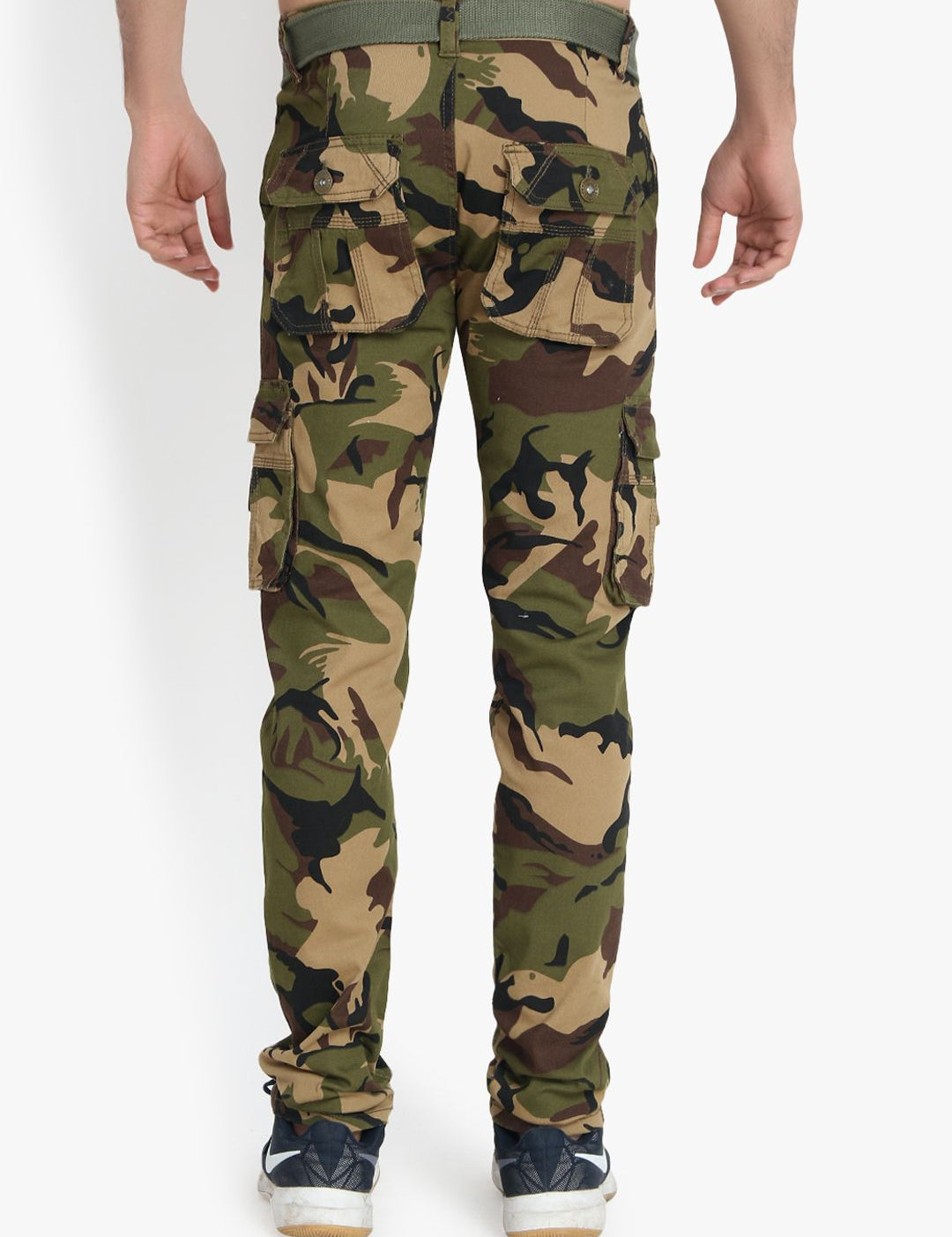 Kotty Men Olive Green & Brown Regular Fit Printed Cargos