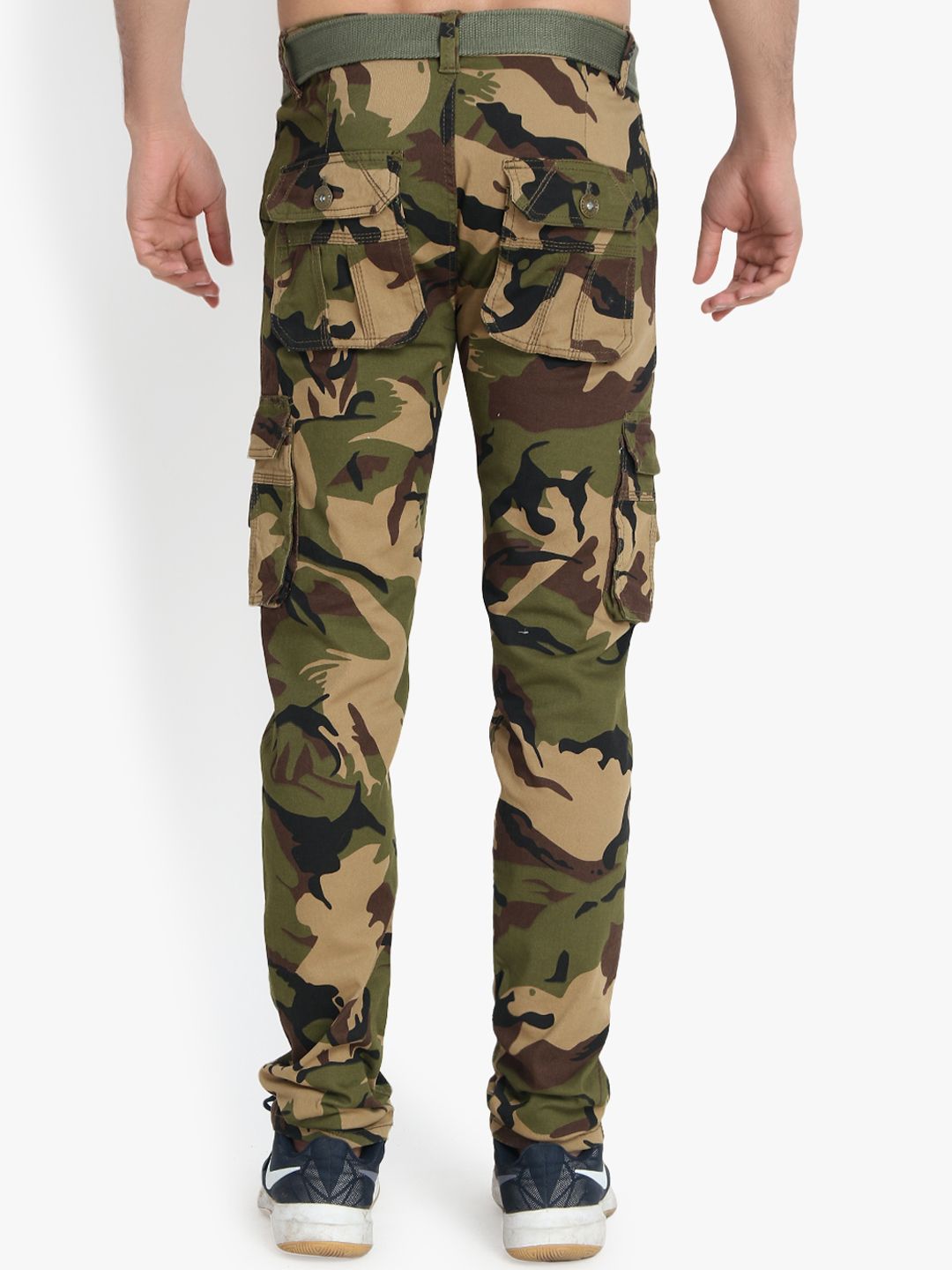 Kotty Men Olive Green & Brown Regular Fit Printed Cargos