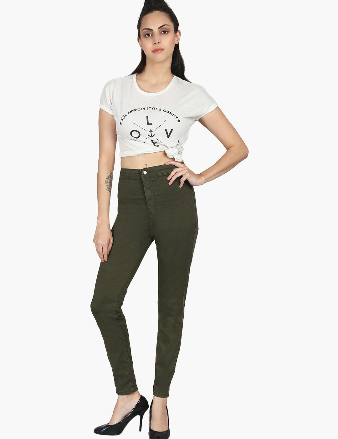 Kotty Women Olive Green High-Rise Clean Look Stretchable Skinny Fit Jeans