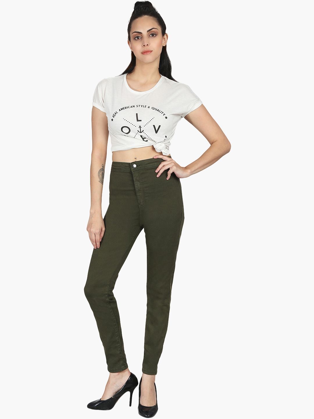 Kotty Women Olive Green High-Rise Clean Look Stretchable Skinny Fit Jeans