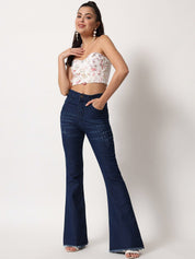 Kotty Women Navy Blue Jean Bootcut High-Rise Light Fade Stretchable Jeans