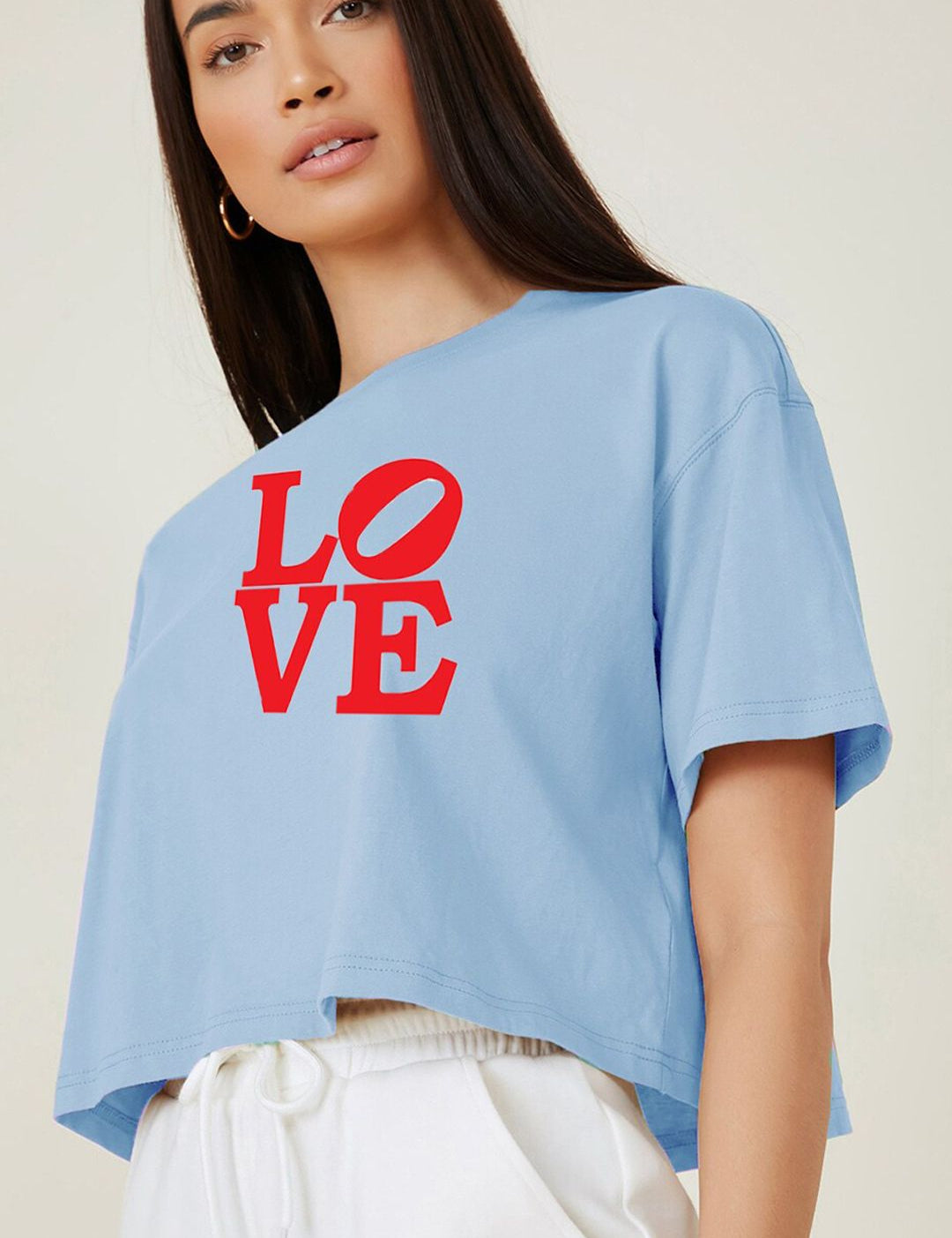 Kotty Blue Typography Printed Drop-Shoulder Sleeves Cotton Oversized Crop T-shirt