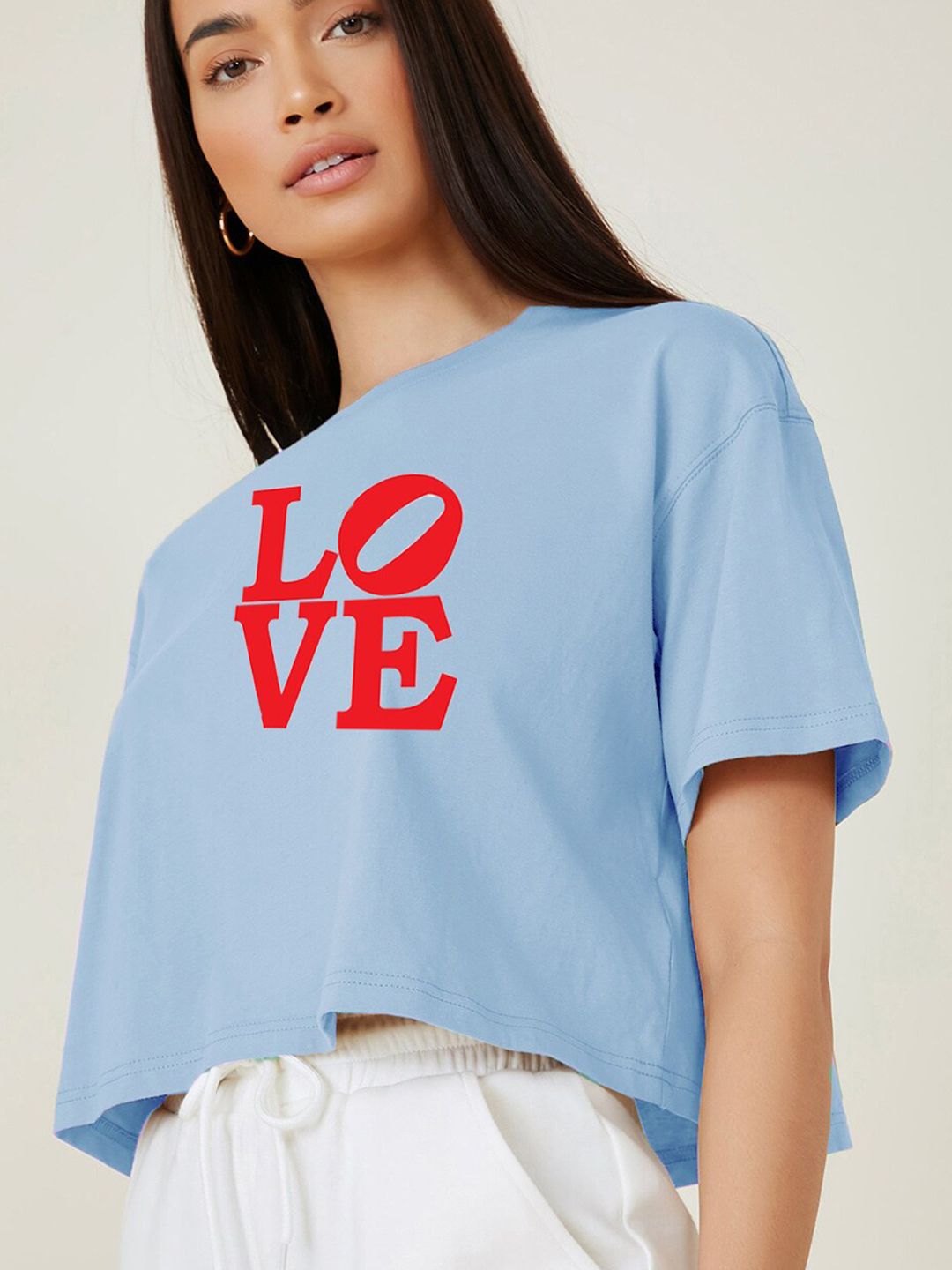 Kotty Blue Typography Printed Drop-Shoulder Sleeves Cotton Oversized Crop T-shirt