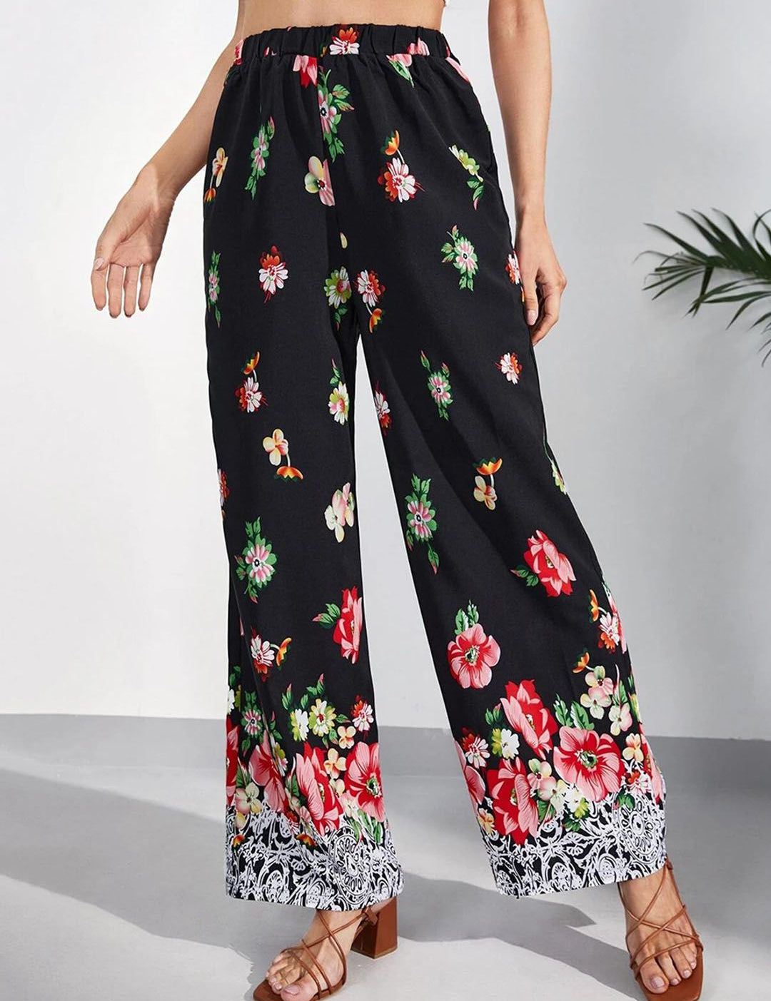 Kotty Women Multicoloured Floral Printed Relaxed Straight Fit High-Rise Easy Wash Trousers