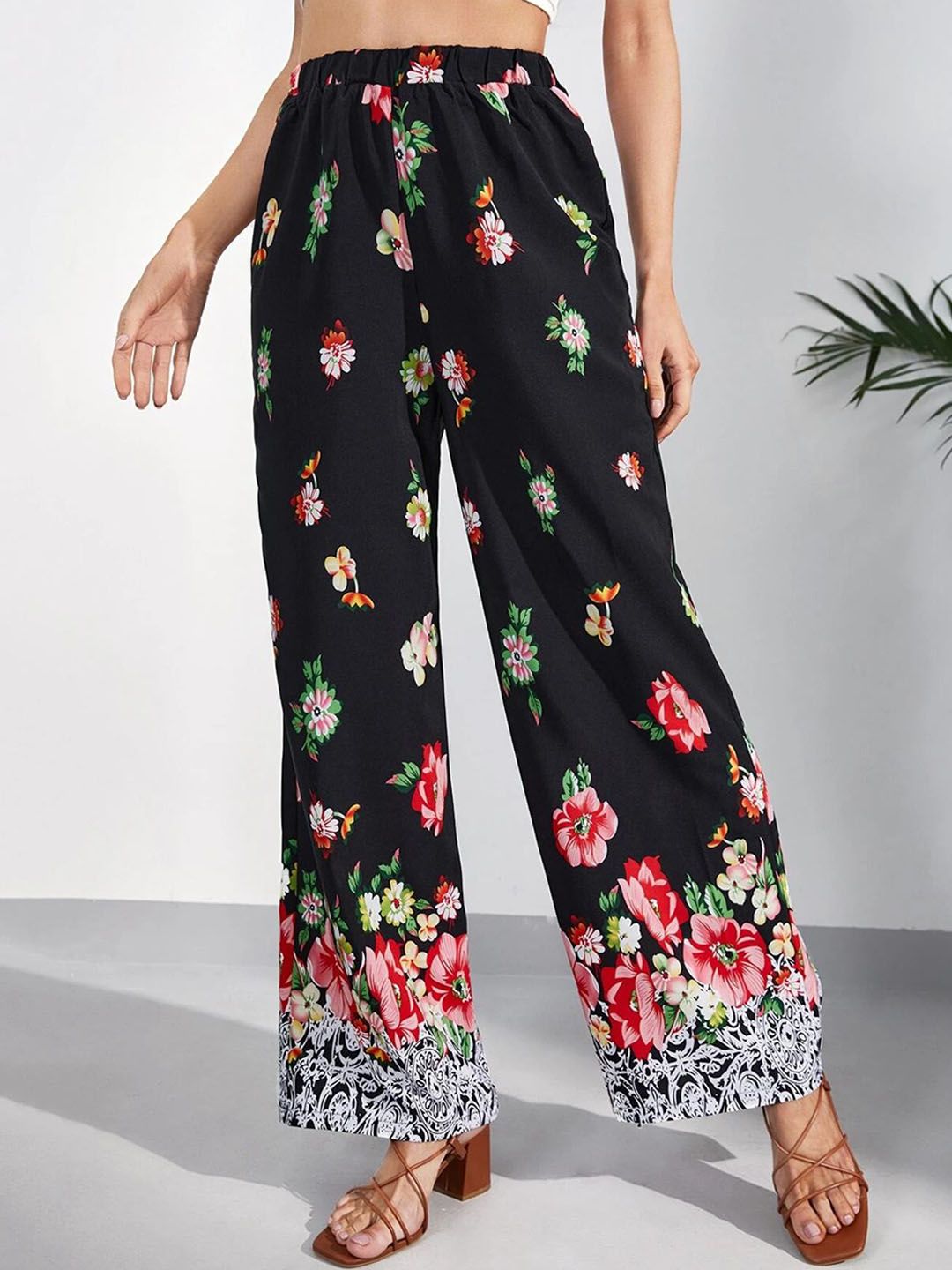 Kotty Women Multicoloured Floral Printed Relaxed Straight Fit High-Rise Easy Wash Trousers