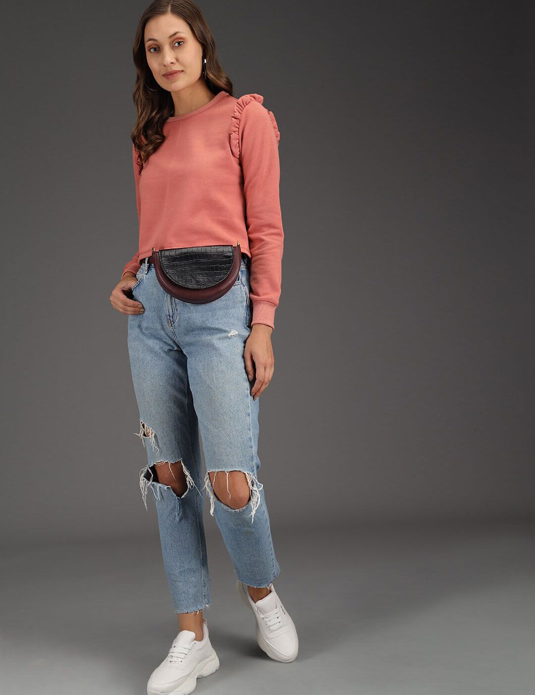 Kotty Women Pink Solid Crop Sweatshirt