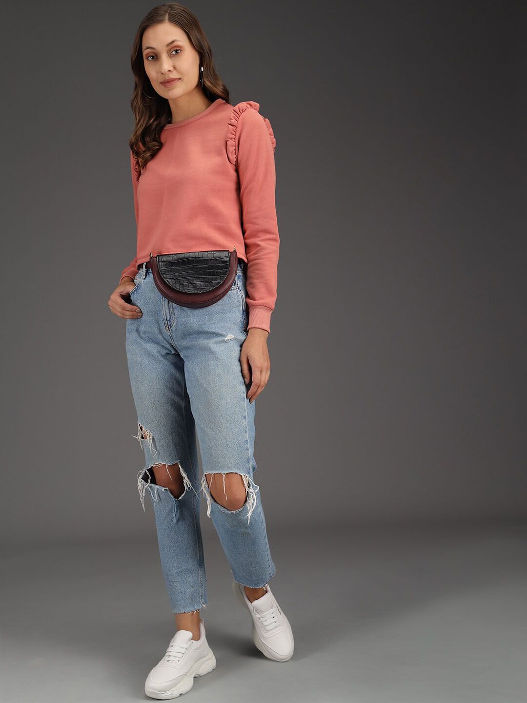 Kotty Women Pink Solid Crop Sweatshirt