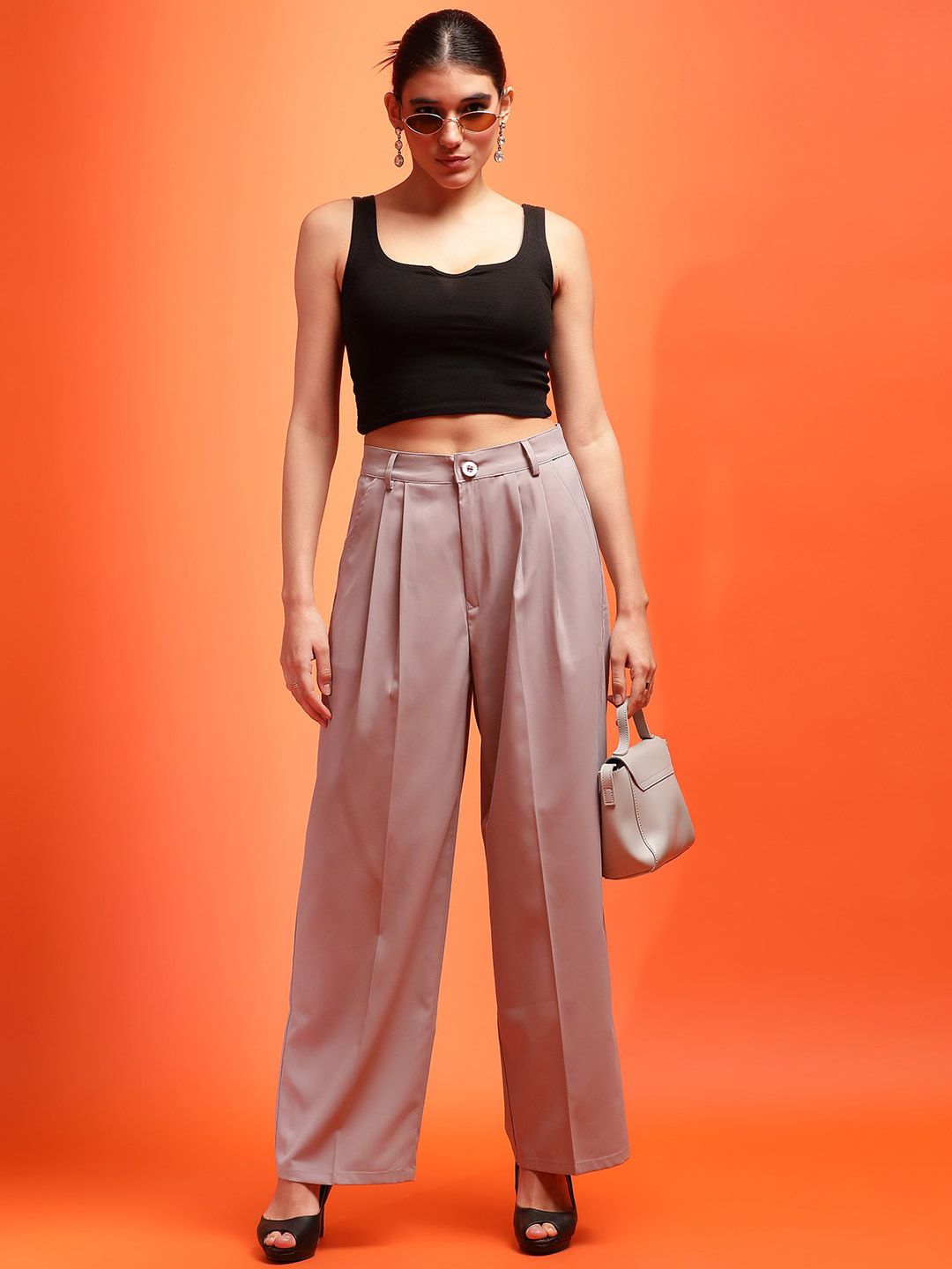 Stylecast X KOTTY Grey Relaxed Straight Leg High-Rise Trousers