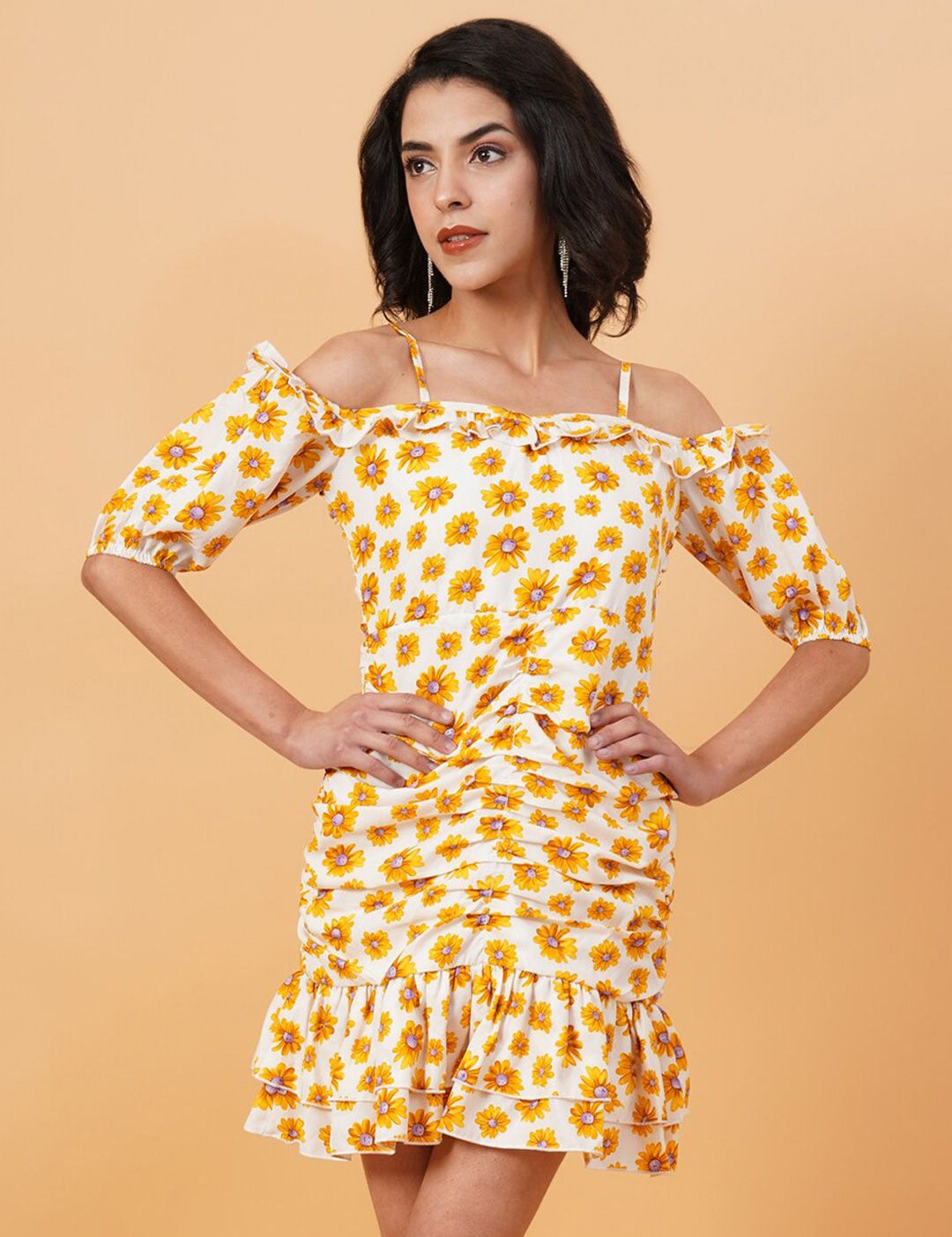 Kotty White & Yellow Floral Printed Cold Shoulder Sleeves Crepe Gathered Sheath