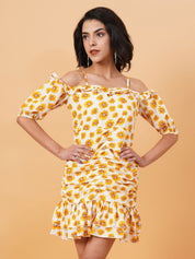 Kotty White & Yellow Floral Printed Cold Shoulder Sleeves Crepe Gathered Sheath