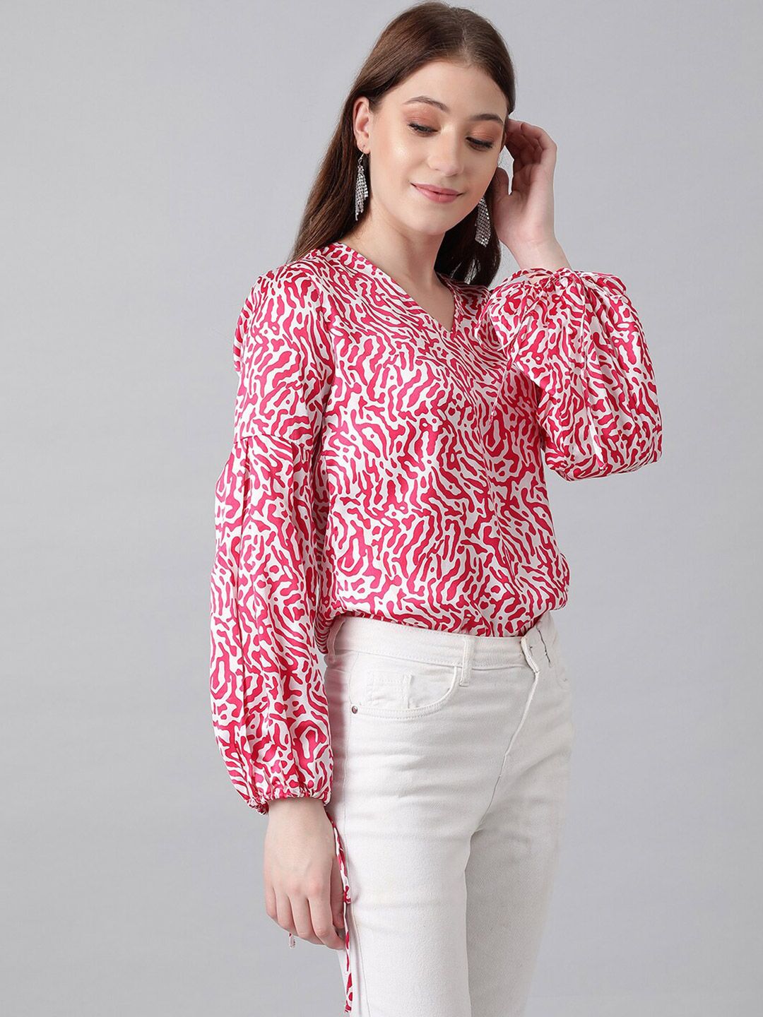 Kotty Red & White Animal Printed Puff Sleeve Satin Blouson Top