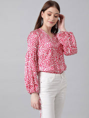 Kotty Red & White Animal Printed Puff Sleeve Satin Blouson Top