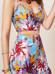 Kotty Blue Floral Printed Shoulder Straps Top With Shorts