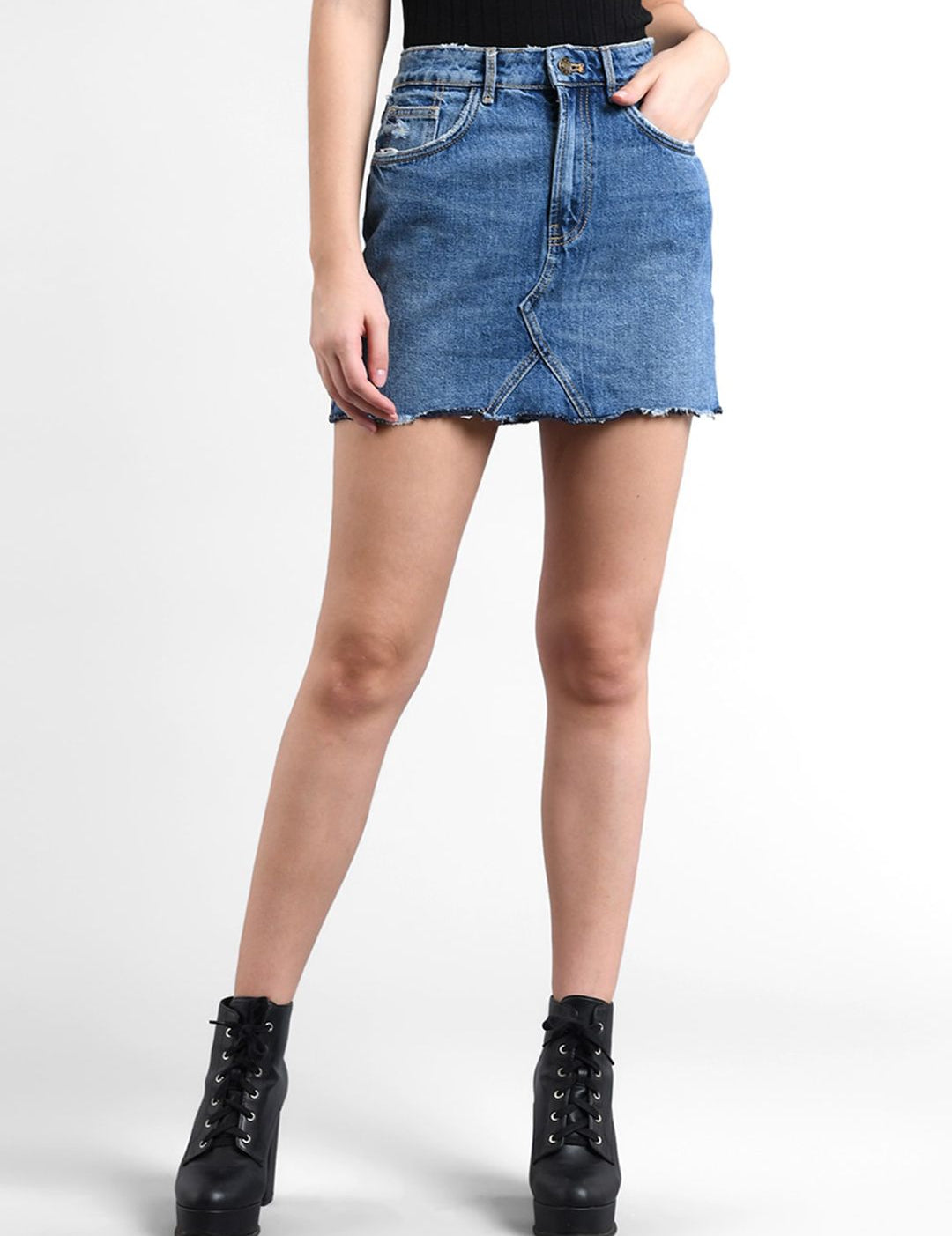 Kotty Women Blue Solid Mini Denim Raw Edge Skirt