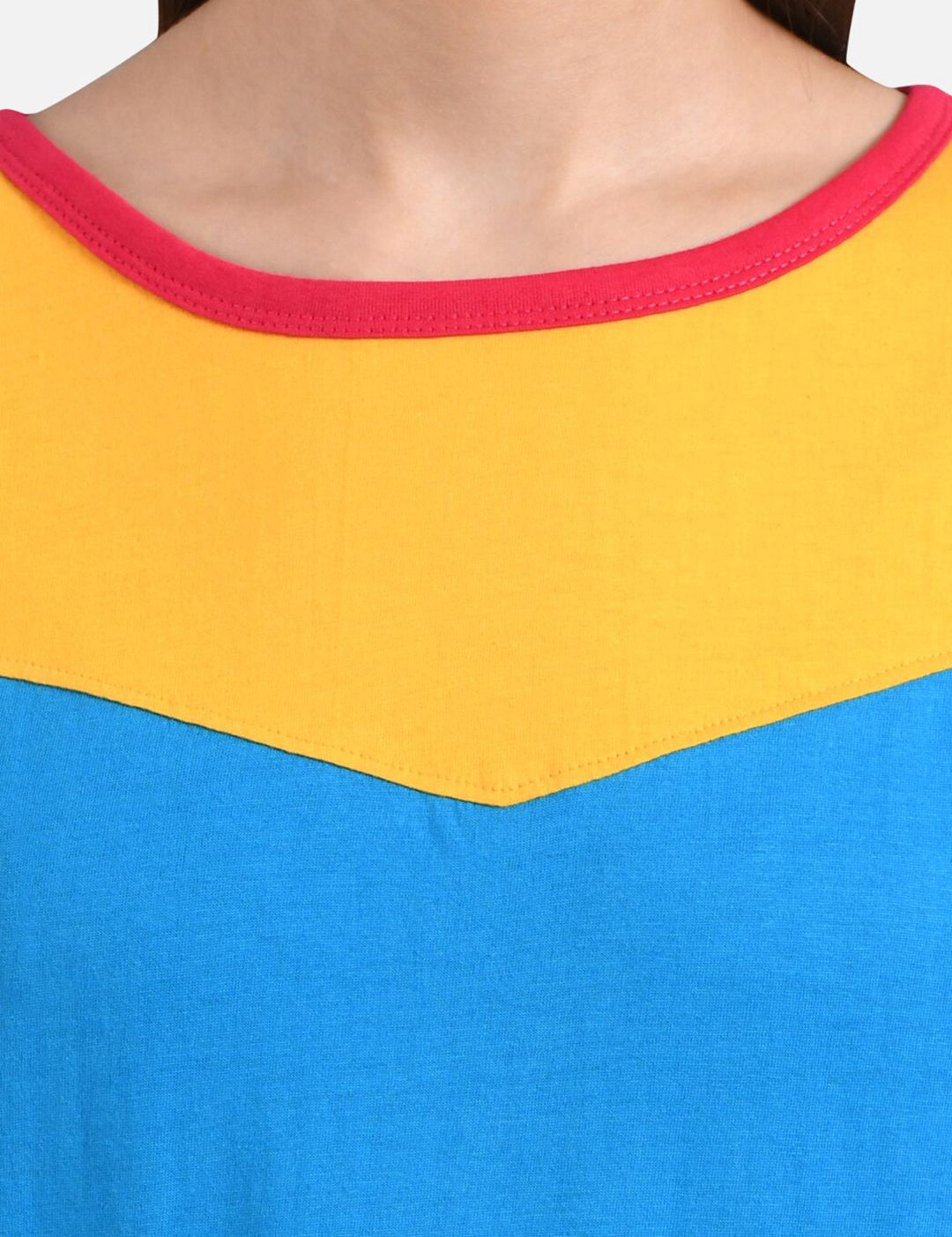 Kotty Women Red & Blue Colourblocked Boat Neck T-shirt