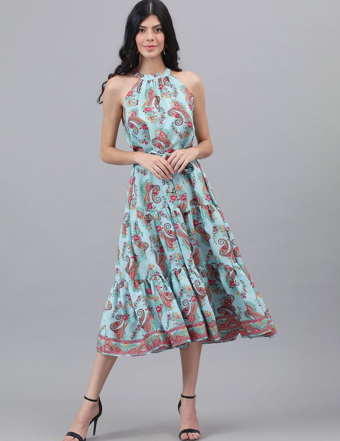 Kotty Turquoise Blue And Maroon Paisley Printed Halter Neck Tiered Fit & Flare Midi Dress