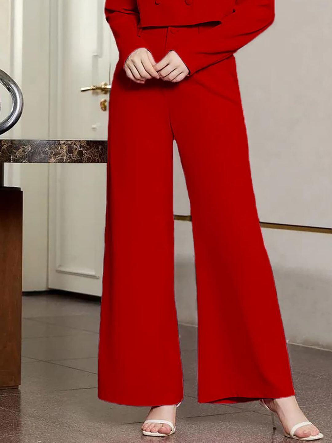 KOTTY BIZwear Basics Women Relaxed Straight Leg High-Rise Easy Wash Pleated Trousers