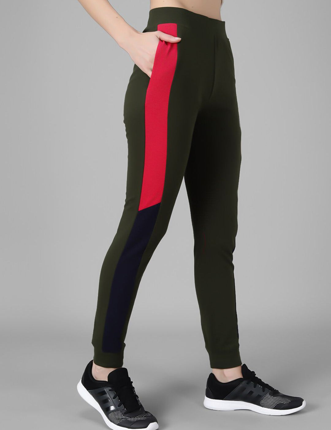 Kotty Women Olive Green Solid Joggers with Side Stripes