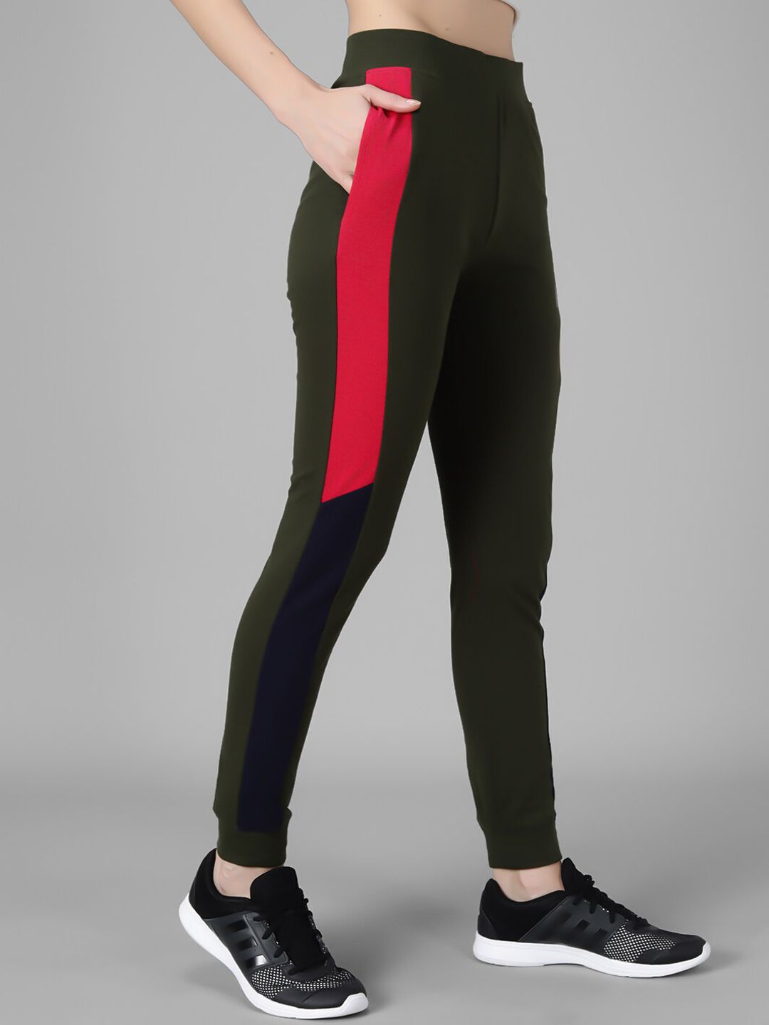 Kotty Women Olive Green Solid Joggers with Side Stripes