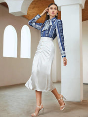 Kotty Floral Printed Tie-Up Neck Crepe Shirt Style Top