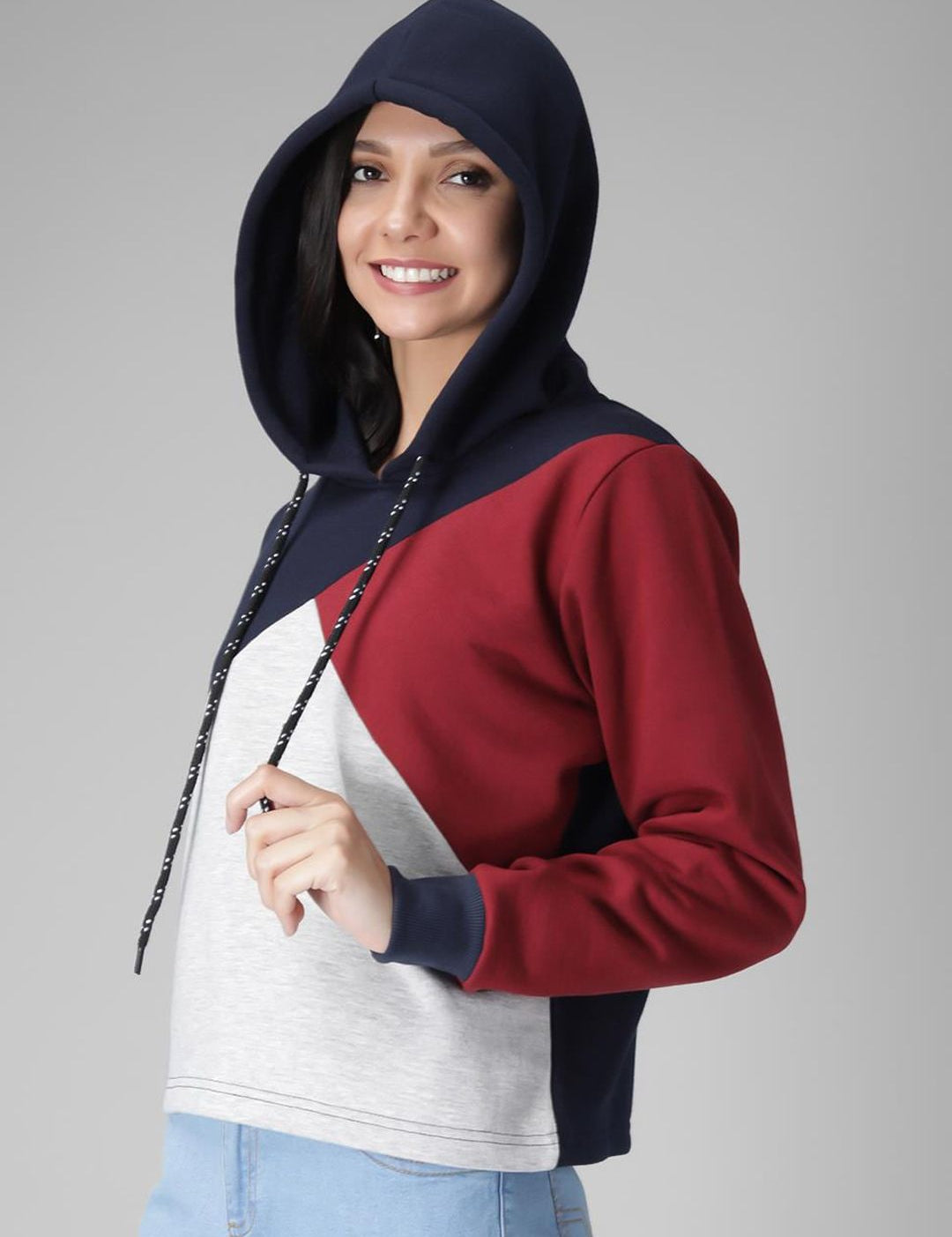 Kotty Women Black & Maroon Colourblocked Hooded Sweatshirt