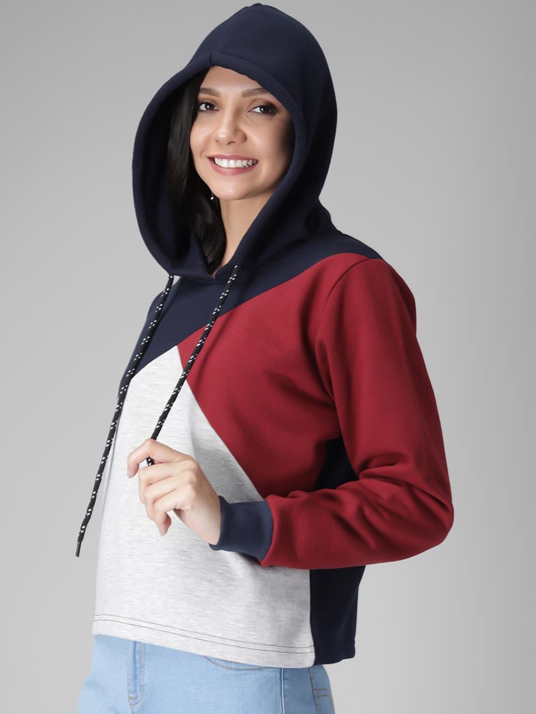 Kotty Women Black & Maroon Colourblocked Hooded Sweatshirt