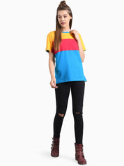 Kotty Women Blue & Yellow Colourblocked Round Neck T-shirt