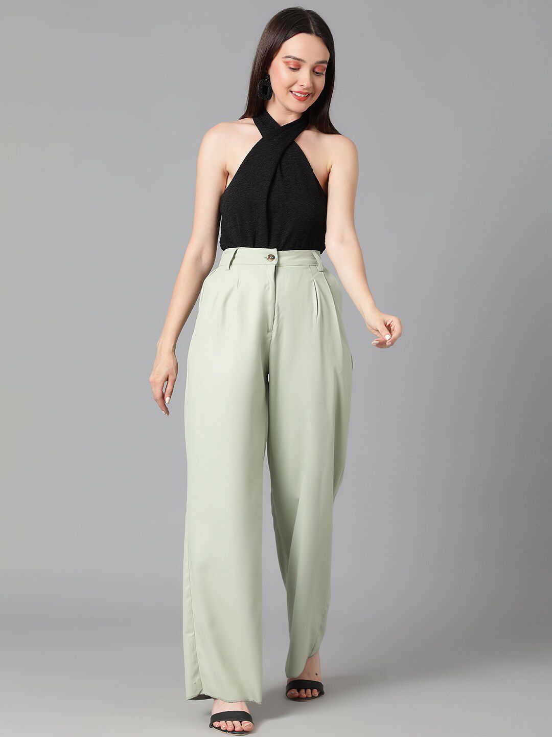 Kotty Women Green Relaxed Straight Leg High-Rise Easy Wash Pleated Trousers