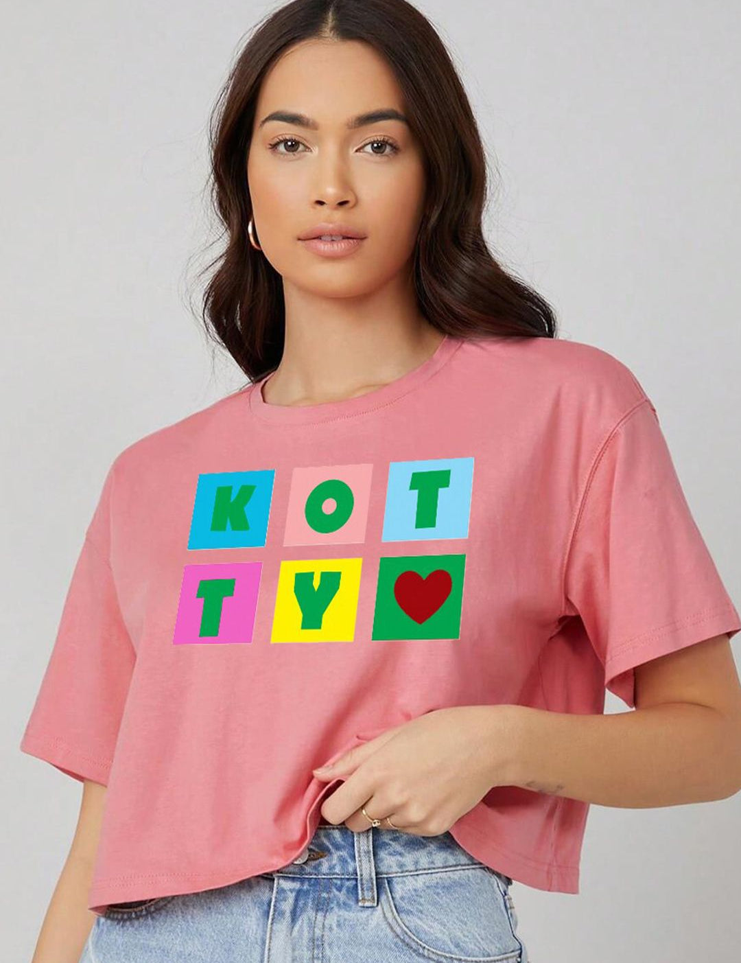 Kotty Pink Printed Round Neck Drop-Shoulder Sleeves Crop Oversized T-shirt