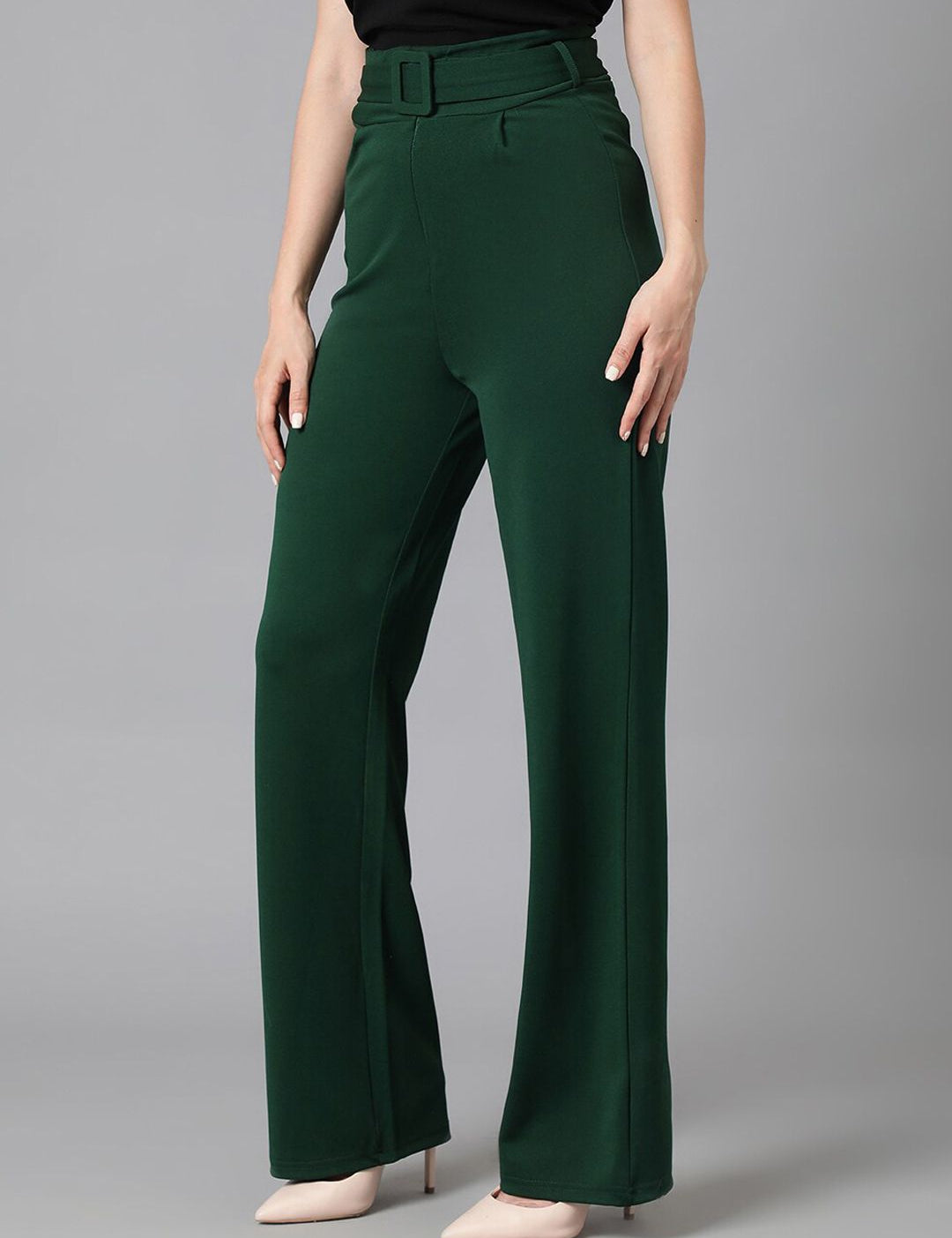 KOTTY BIZwear Women Green Relaxed Straight Leg Easy Wash Parallel Trousers Comes With Belt