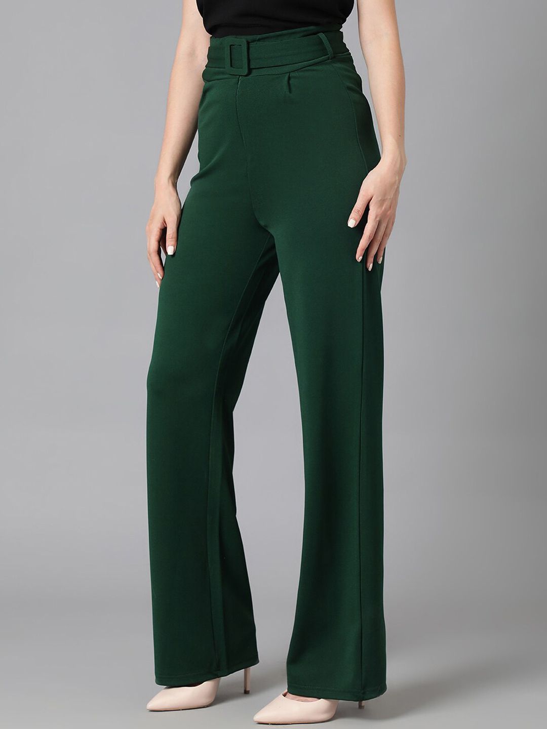 KOTTY BIZwear Women Green Relaxed Straight Leg Easy Wash Parallel Trousers Comes With Belt
