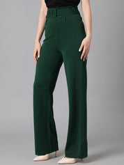 KOTTY BIZwear Women Green Relaxed Straight Leg Easy Wash Parallel Trousers Comes With Belt