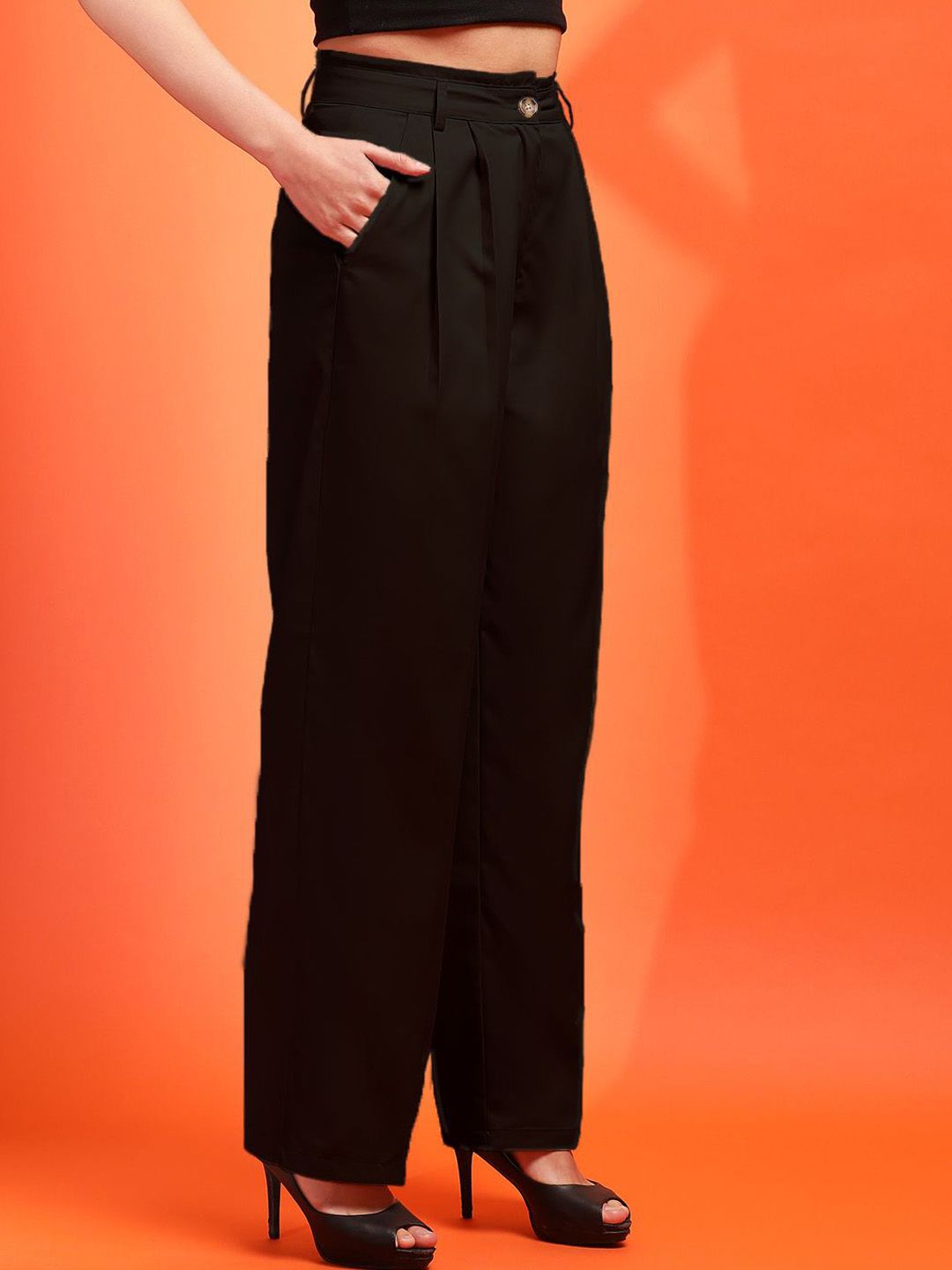 Kotty Women Straight Fit High-Rise Easy Wash Pleated Trousers