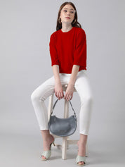 Kotty Red Round Neck Oversized Cotton T-shirt