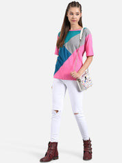 Kotty Women Blue & Pink Colourblocked Round Neck T-shirt