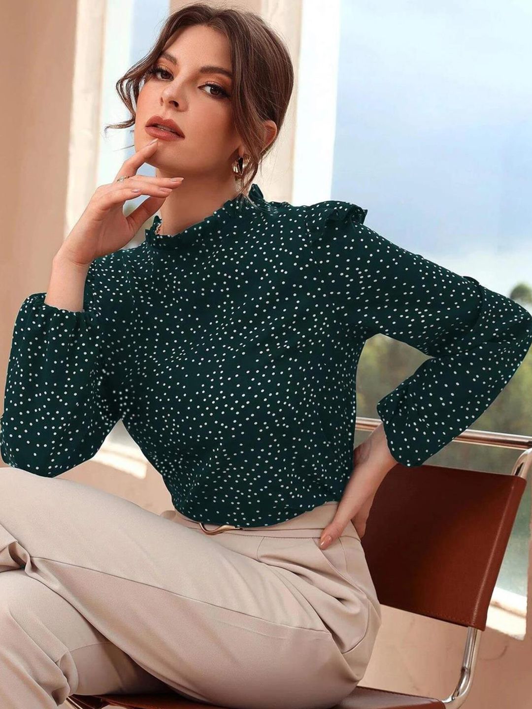 Kotty Polka Dot Print Puff Sleeve Ruffles Crepe Top