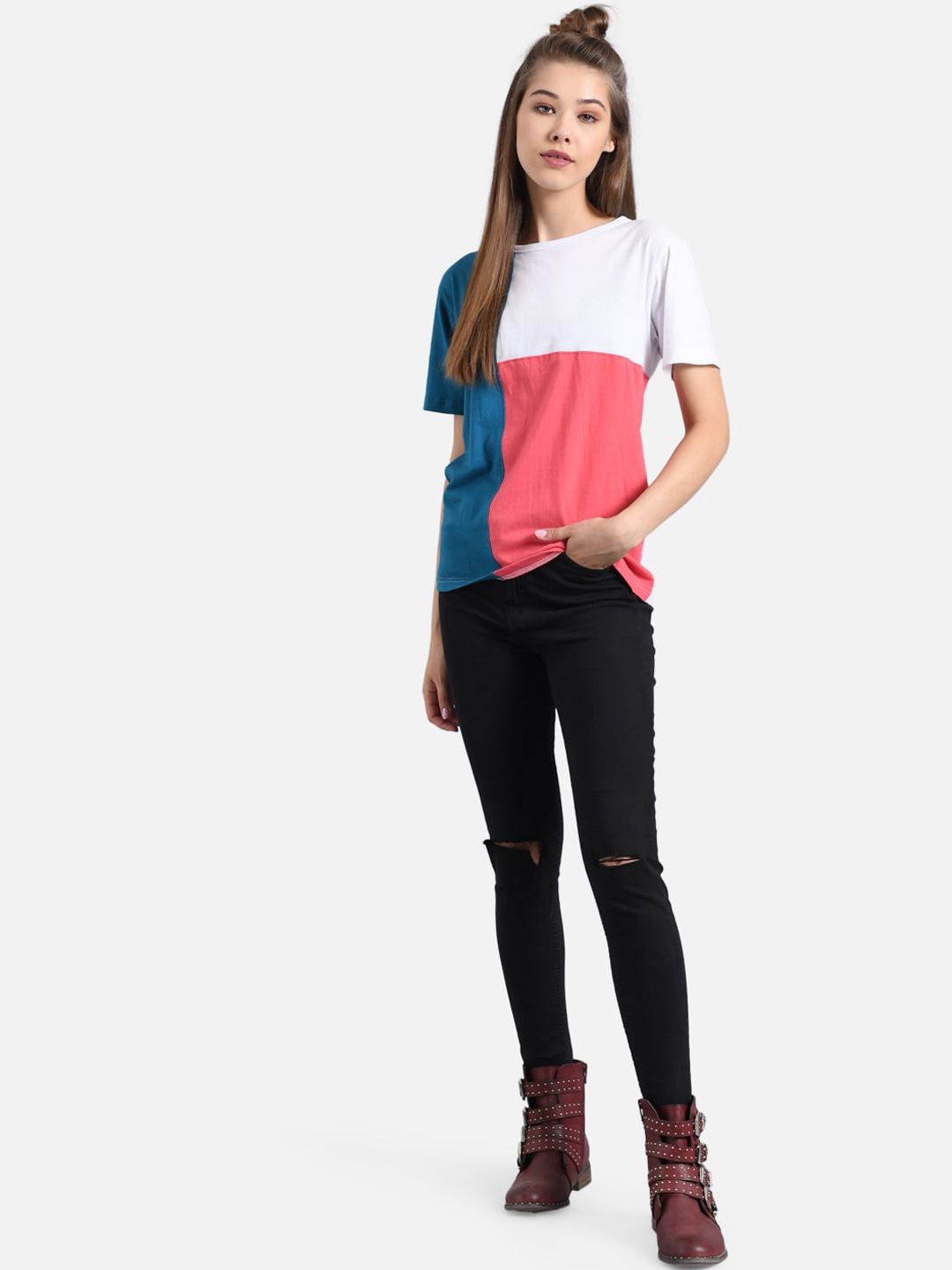 Kotty Women Navy Blue & Coral Pink Colourblocked Boat Neck T-shirt
