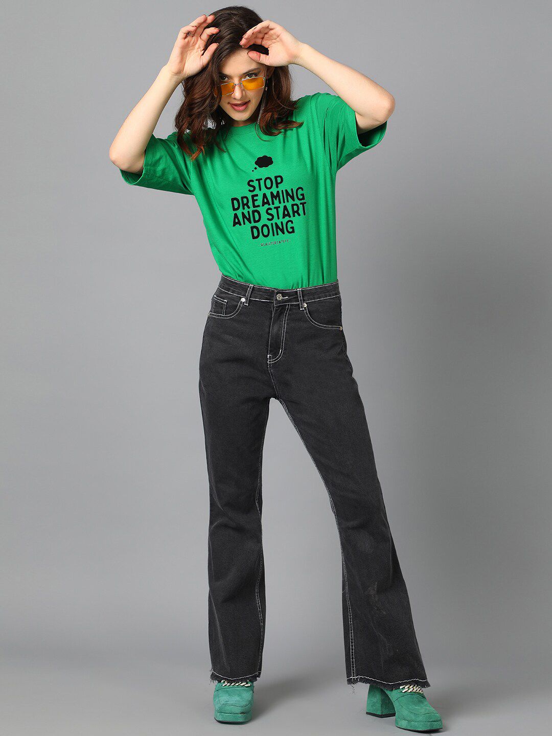 Kotty Green Typography Printed Oversized T-shirt