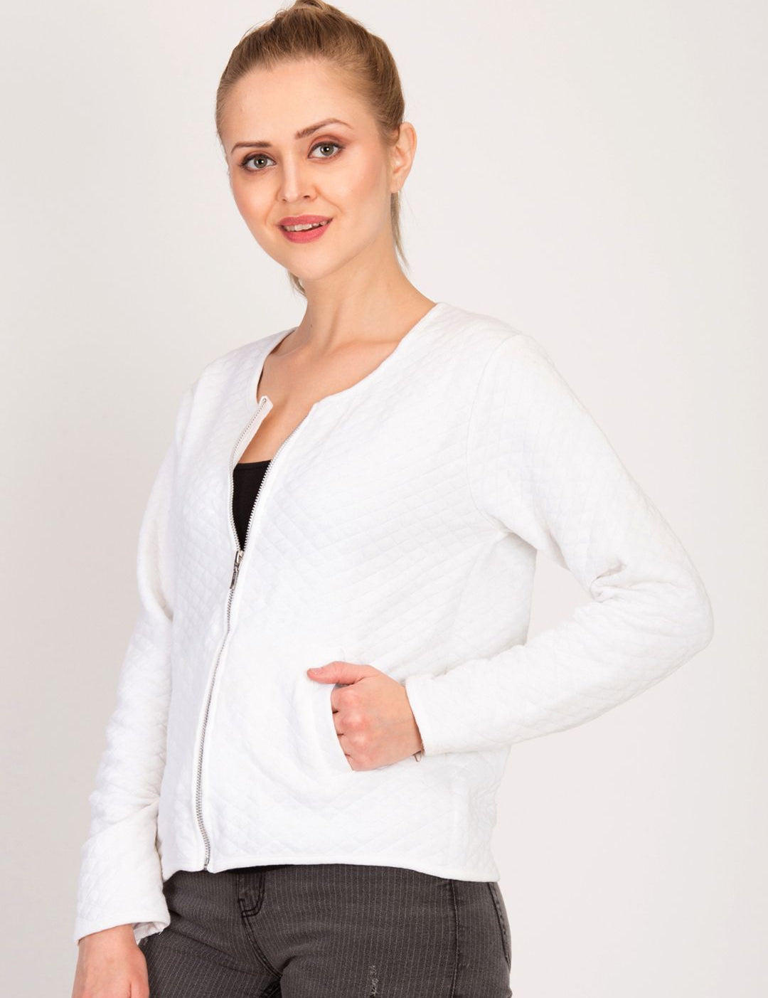 Kotty Women White Self Design Open Front Jacket