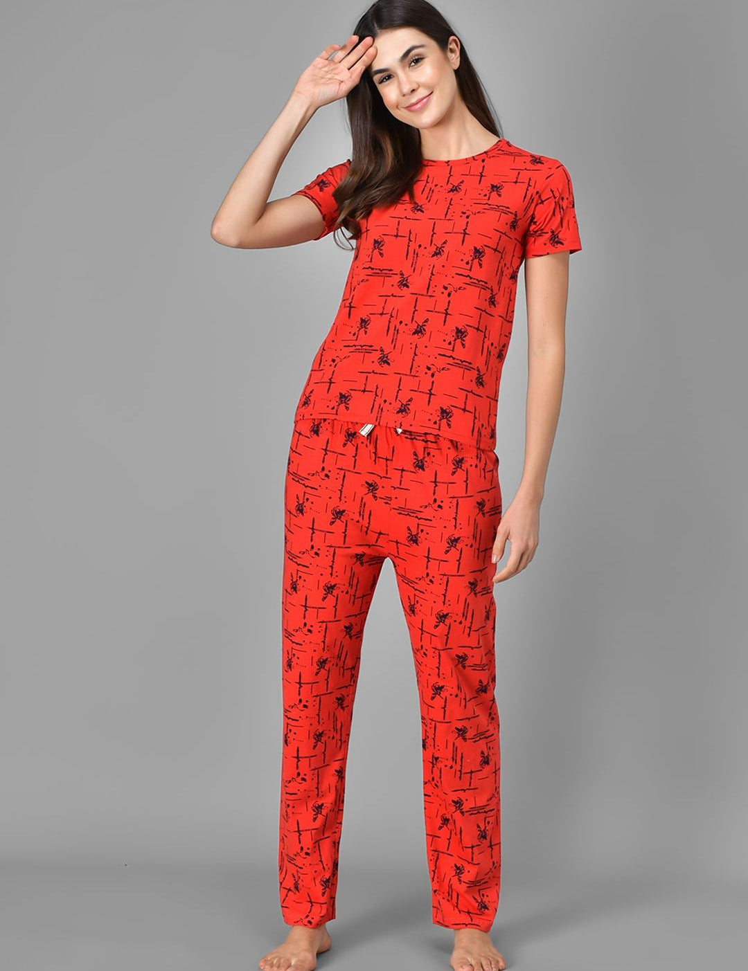 Kotty Women Red & Black Printed Night Suit