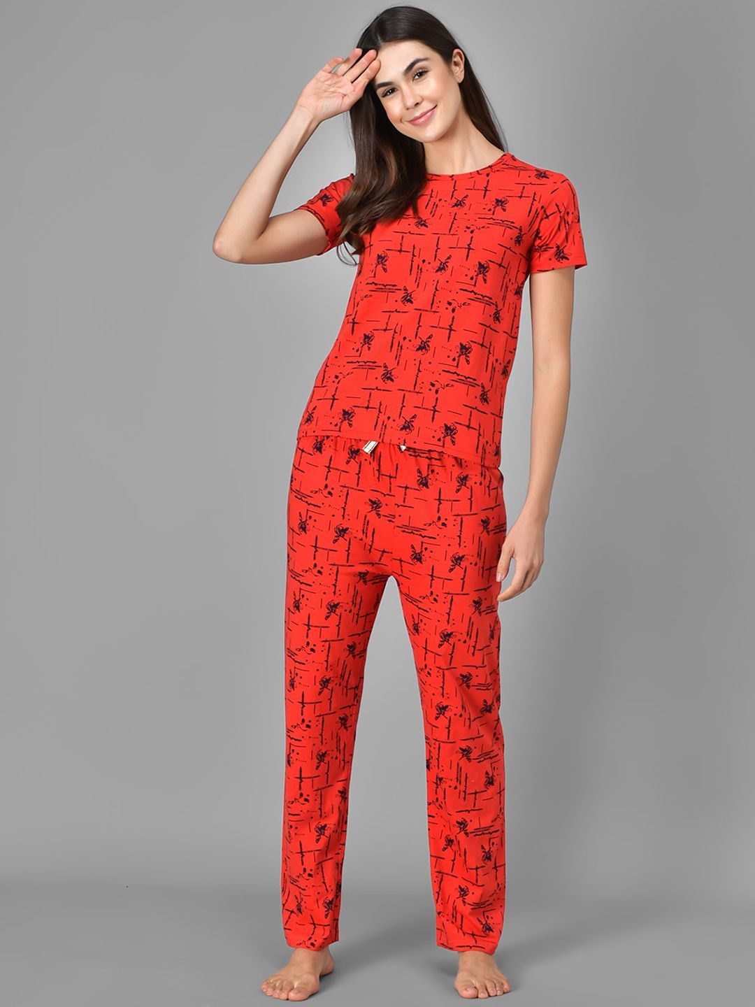 Kotty Women Red & Black Printed Night Suit