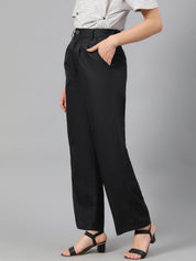 Kotty Women Black Relaxed Straight Leg Fit High-Rise Easy Wash Pleated Parallel Trousers
