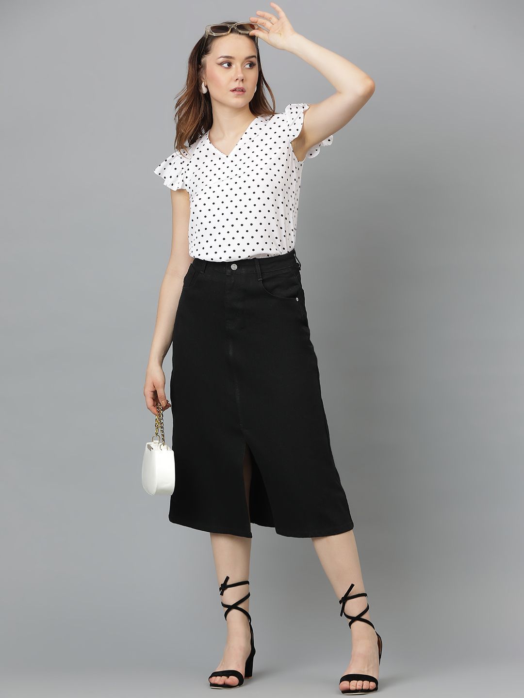 Kotty Polka Dot Print Flutter Sleeve Crepe Top