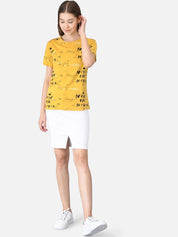 Kotty Women Mustard Yellow & Black Printed T-shirt
