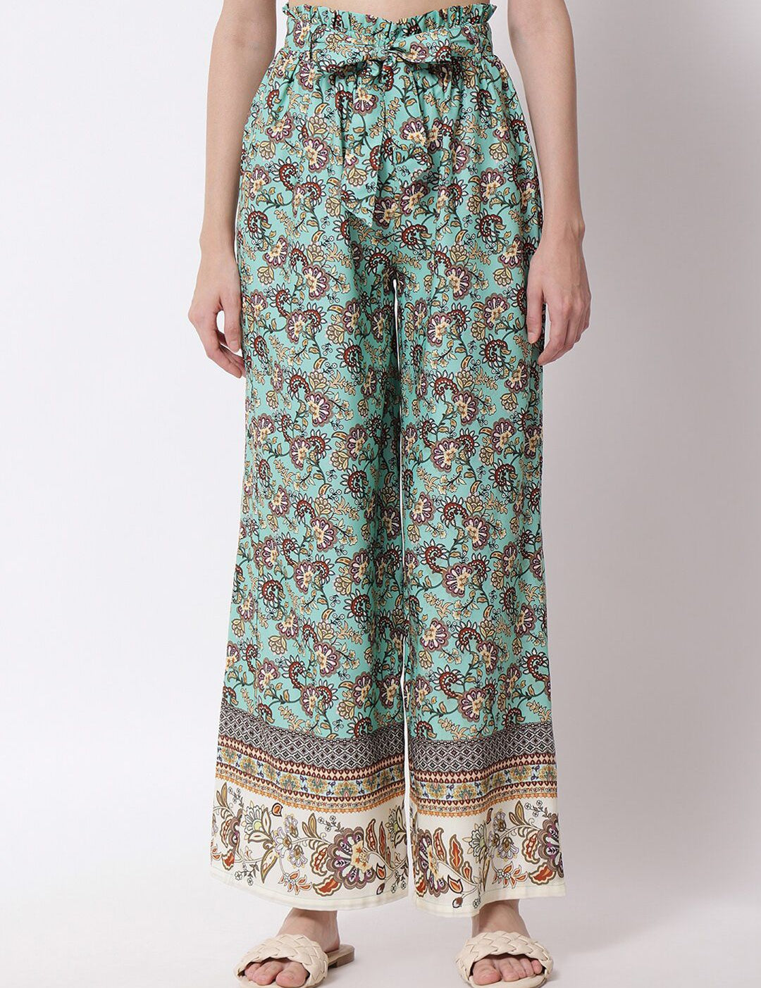 Kotty Women Green and Brown Floral Printed Relaxed Flared High-Rise Trousers