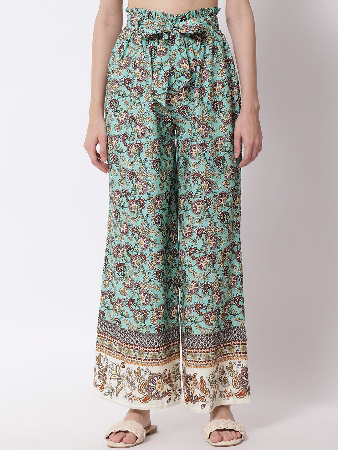 Kotty Women Green and Brown Floral Printed Relaxed Flared High-Rise Trousers