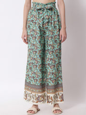 Kotty Women Green and Brown Floral Printed Relaxed Flared High-Rise Trousers