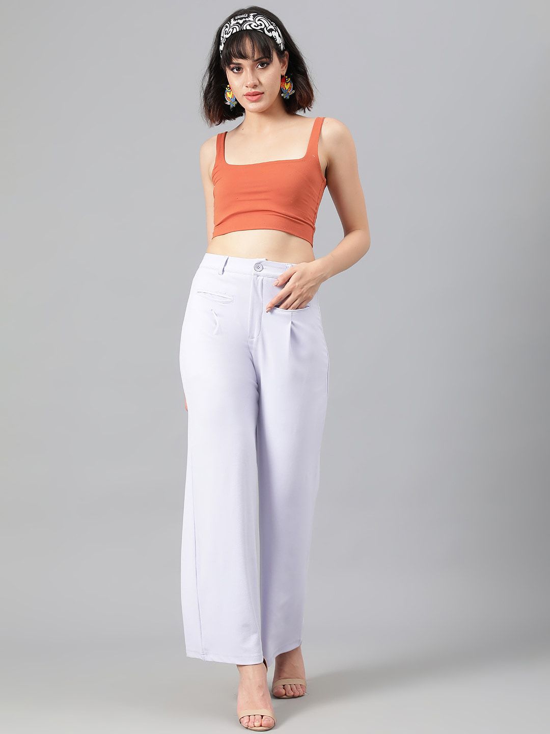 Kotty Women White Relaxed Straight Leg Fit High-Rise Easy Wash Pleated Parallel Trousers