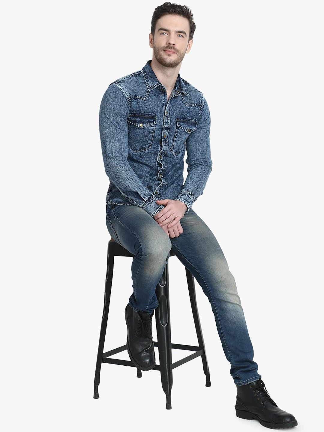 Kotty Men Blue Solid Denim Jacket