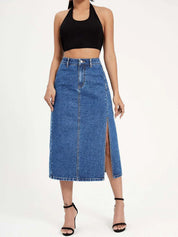 Kotty Slit Hem A-line Denim Midi Skirt